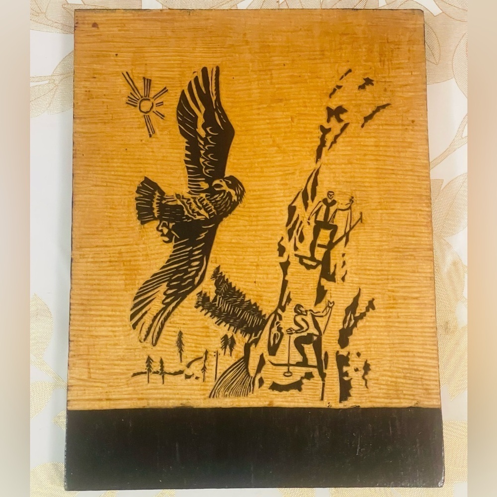 Hand-Carved Wooden Cabin Art Picture Eagle and Climbers Scene - 6x8" Wall Decor